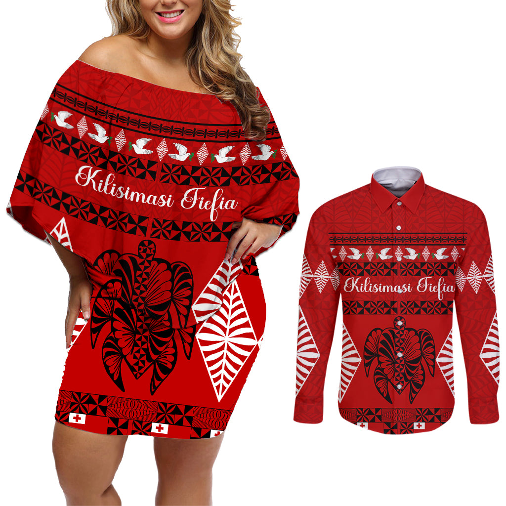 Personalised Tonga Kilisimasi Fiefia Couples Matching Off Shoulder Short Dress and Long Sleeve Button Shirt Merry Christmas with Turtle Ngatu Pattern LT9 - Wonder Print Shop