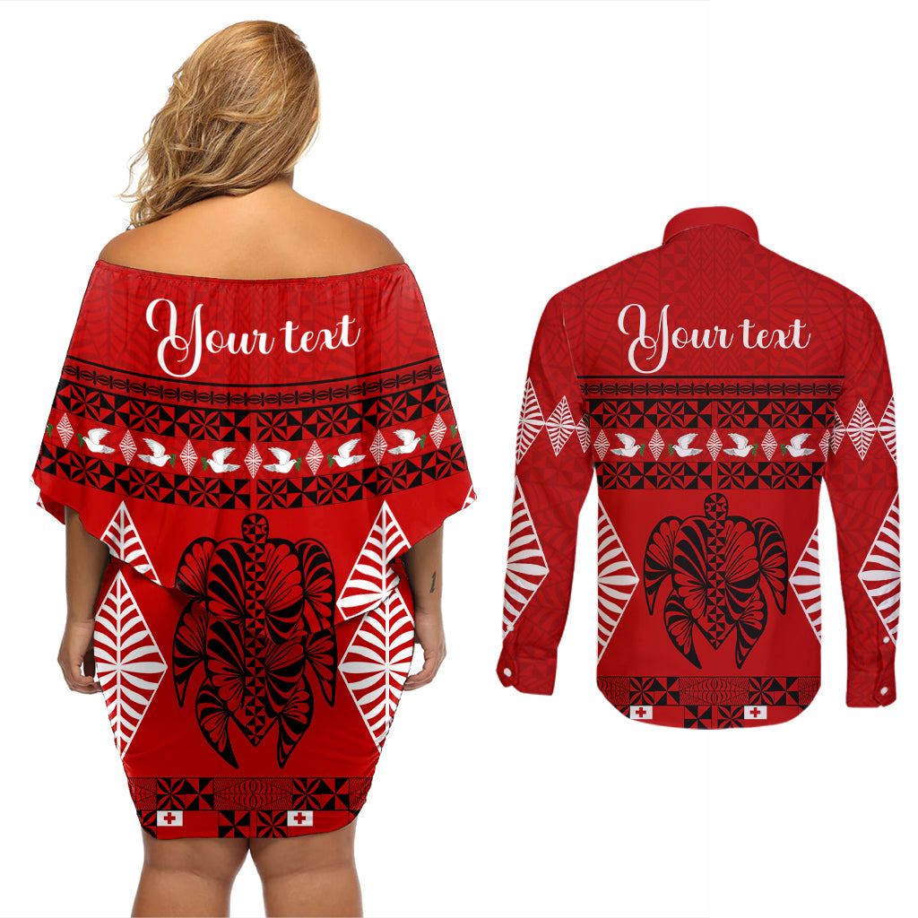 Personalised Tonga Kilisimasi Fiefia Couples Matching Off Shoulder Short Dress and Long Sleeve Button Shirt Merry Christmas with Turtle Ngatu Pattern LT9 - Wonder Print Shop