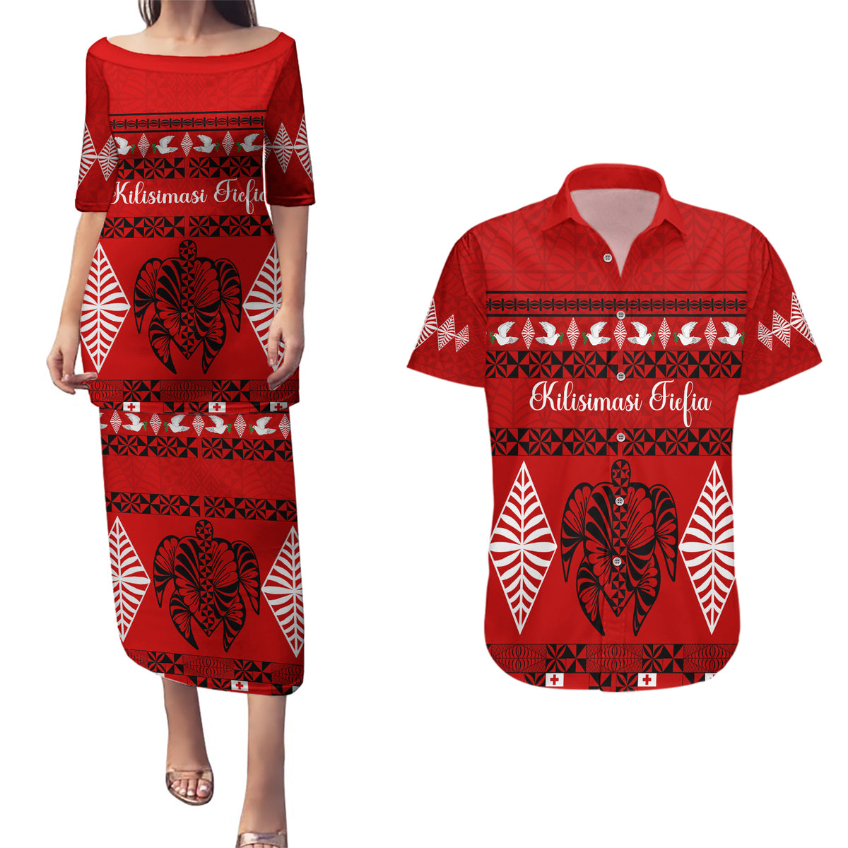 Personalised Tonga Kilisimasi Fiefia Couples Matching Puletasi Dress and Hawaiian Shirt Merry Christmas with Turtle Ngatu Pattern LT9 - Wonder Print Shop