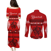 Personalised Tonga Kilisimasi Fiefia Couples Matching Puletasi Dress and Long Sleeve Button Shirt Merry Christmas with Turtle Ngatu Pattern LT9 - Wonder Print Shop
