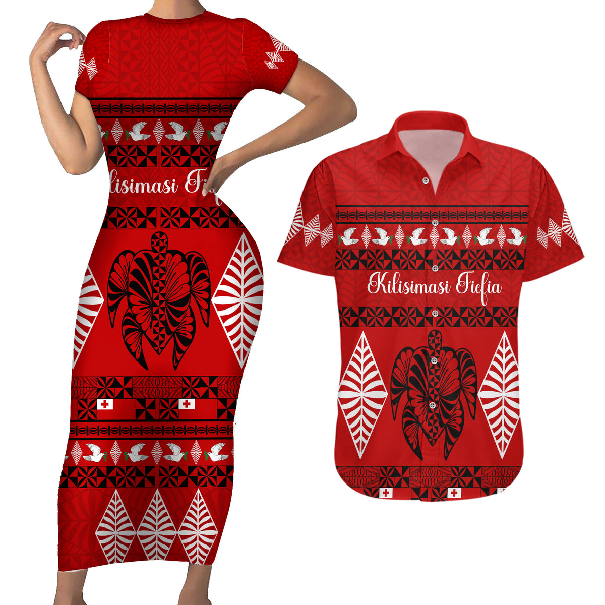 Personalised Tonga Kilisimasi Fiefia Couples Matching Short Sleeve Bodycon Dress and Hawaiian Shirt Merry Christmas with Turtle Ngatu Pattern LT9 - Wonder Print Shop