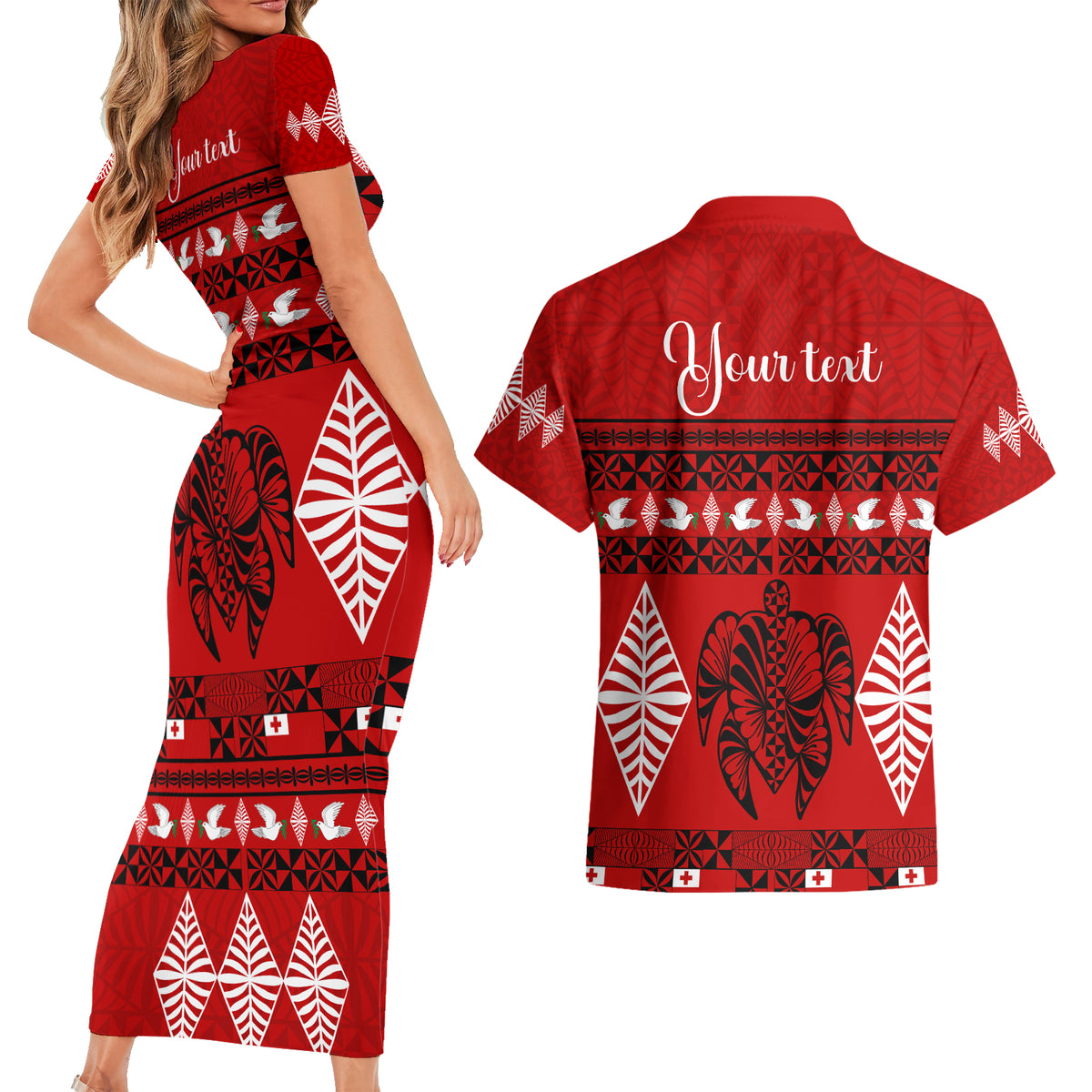 Personalised Tonga Kilisimasi Fiefia Couples Matching Short Sleeve Bodycon Dress and Hawaiian Shirt Merry Christmas with Turtle Ngatu Pattern LT9 - Wonder Print Shop