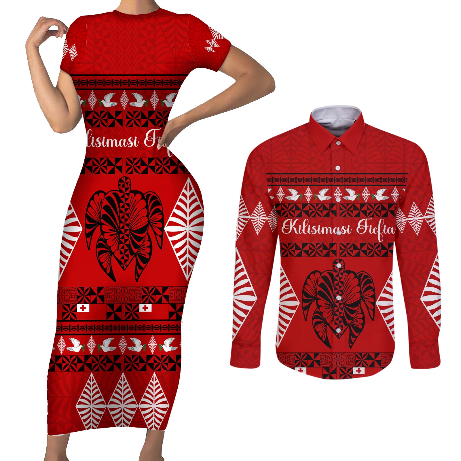 Personalised Tonga Kilisimasi Fiefia Couples Matching Short Sleeve Bodycon Dress and Long Sleeve Button Shirt Merry Christmas with Turtle Ngatu Pattern LT9 - Wonder Print Shop