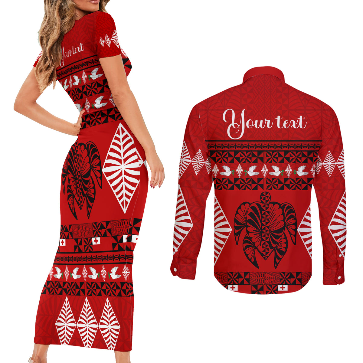 Personalised Tonga Kilisimasi Fiefia Couples Matching Short Sleeve Bodycon Dress and Long Sleeve Button Shirt Merry Christmas with Turtle Ngatu Pattern LT9 - Wonder Print Shop