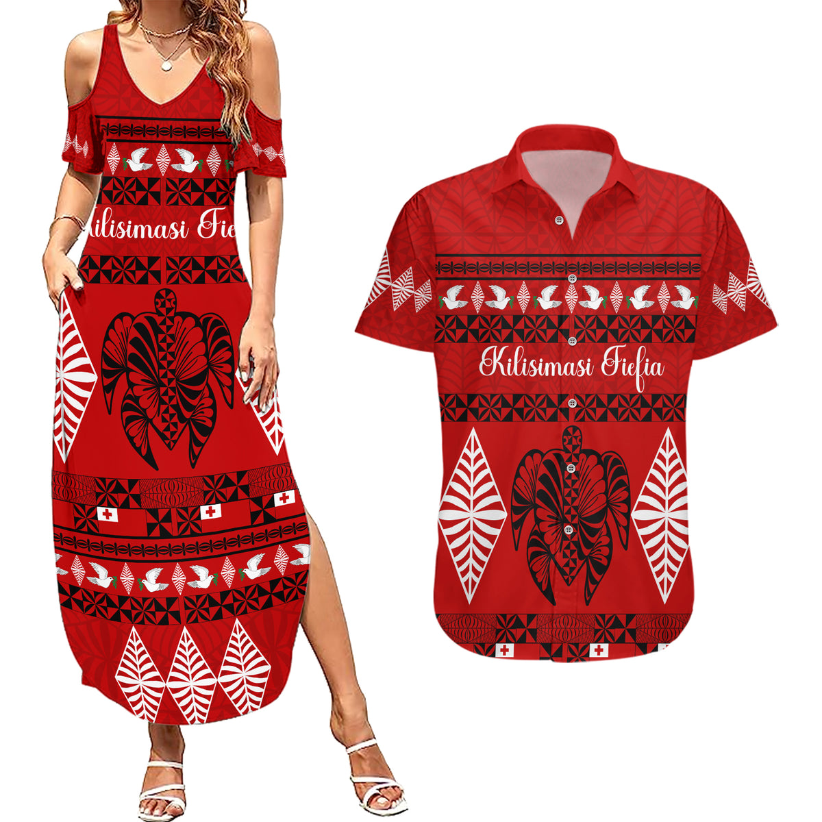 Personalised Tonga Kilisimasi Fiefia Couples Matching Summer Maxi Dress and Hawaiian Shirt Merry Christmas with Turtle Ngatu Pattern LT9 - Wonder Print Shop