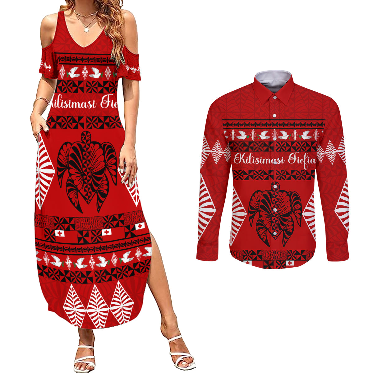 Personalised Tonga Kilisimasi Fiefia Couples Matching Summer Maxi Dress and Long Sleeve Button Shirt Merry Christmas with Turtle Ngatu Pattern LT9 - Wonder Print Shop