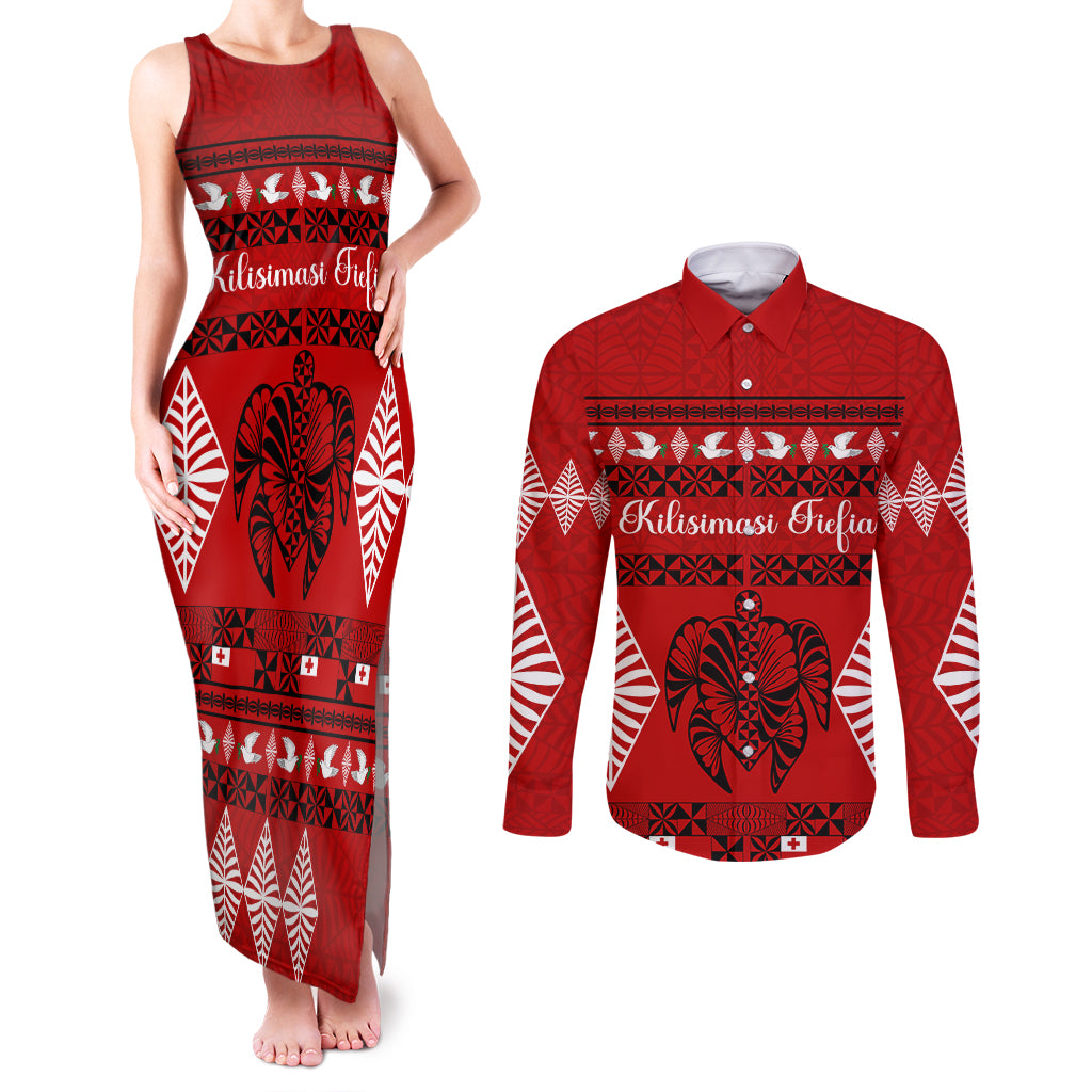 Personalised Tonga Kilisimasi Fiefia Couples Matching Tank Maxi Dress and Long Sleeve Button Shirt Merry Christmas with Turtle Ngatu Pattern LT9 - Wonder Print Shop