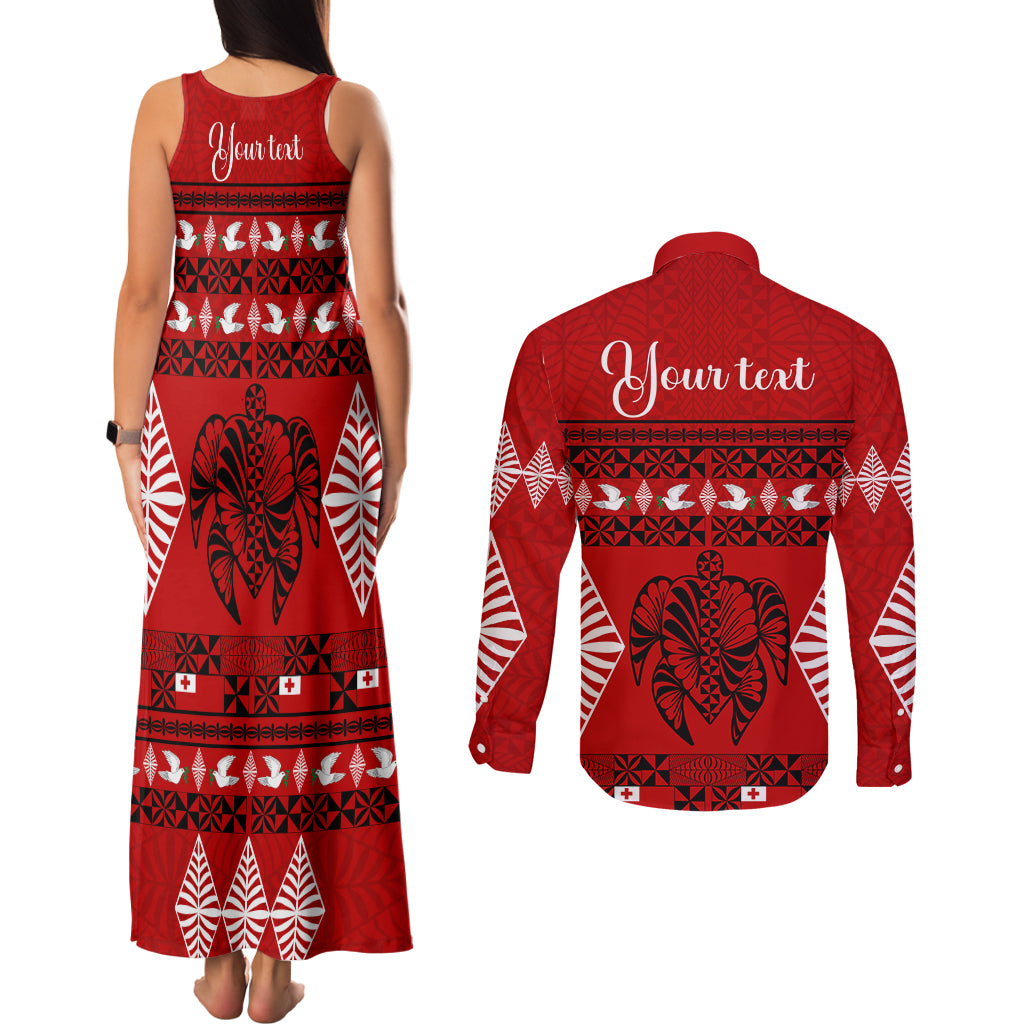 Personalised Tonga Kilisimasi Fiefia Couples Matching Tank Maxi Dress and Long Sleeve Button Shirt Merry Christmas with Turtle Ngatu Pattern LT9 - Wonder Print Shop
