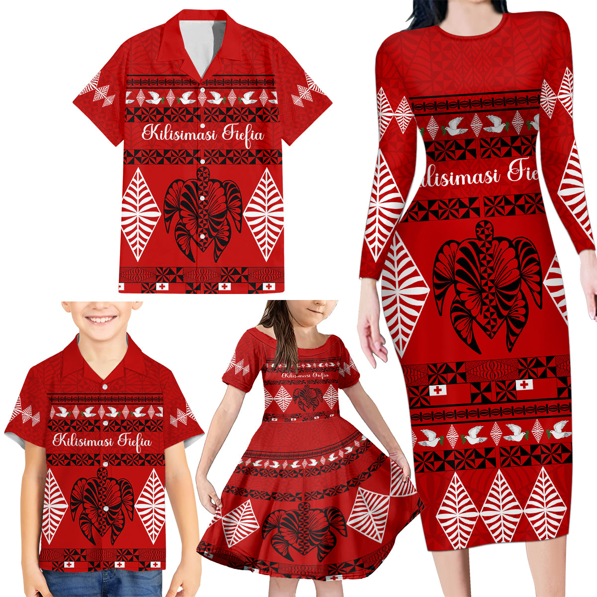 Personalised Tonga Kilisimasi Fiefia Family Matching Long Sleeve Bodycon Dress and Hawaiian Shirt Merry Christmas with Turtle Ngatu Pattern LT9 - Wonder Print Shop