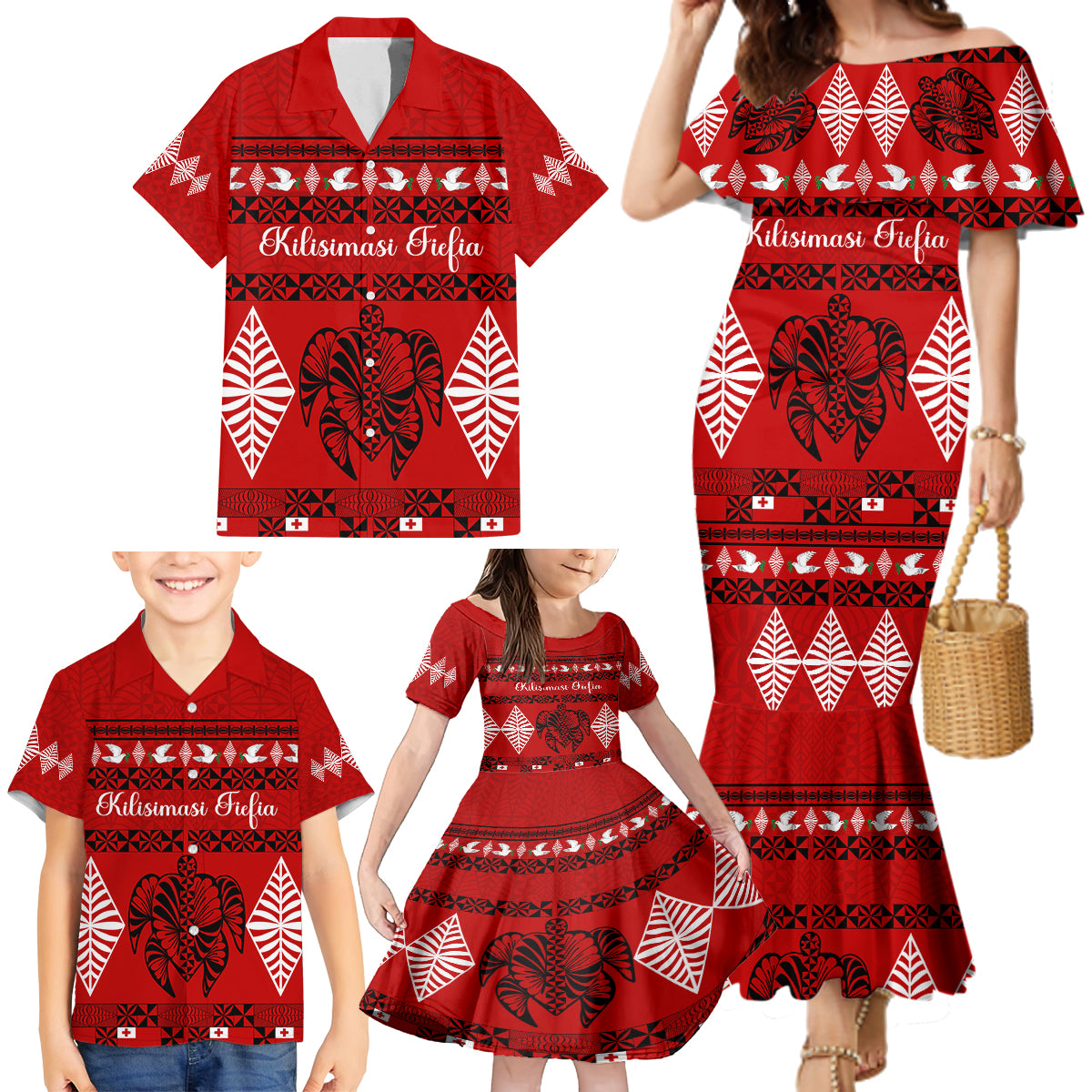 Personalised Tonga Kilisimasi Fiefia Family Matching Mermaid Dress and Hawaiian Shirt Merry Christmas with Turtle Ngatu Pattern LT9 - Wonder Print Shop