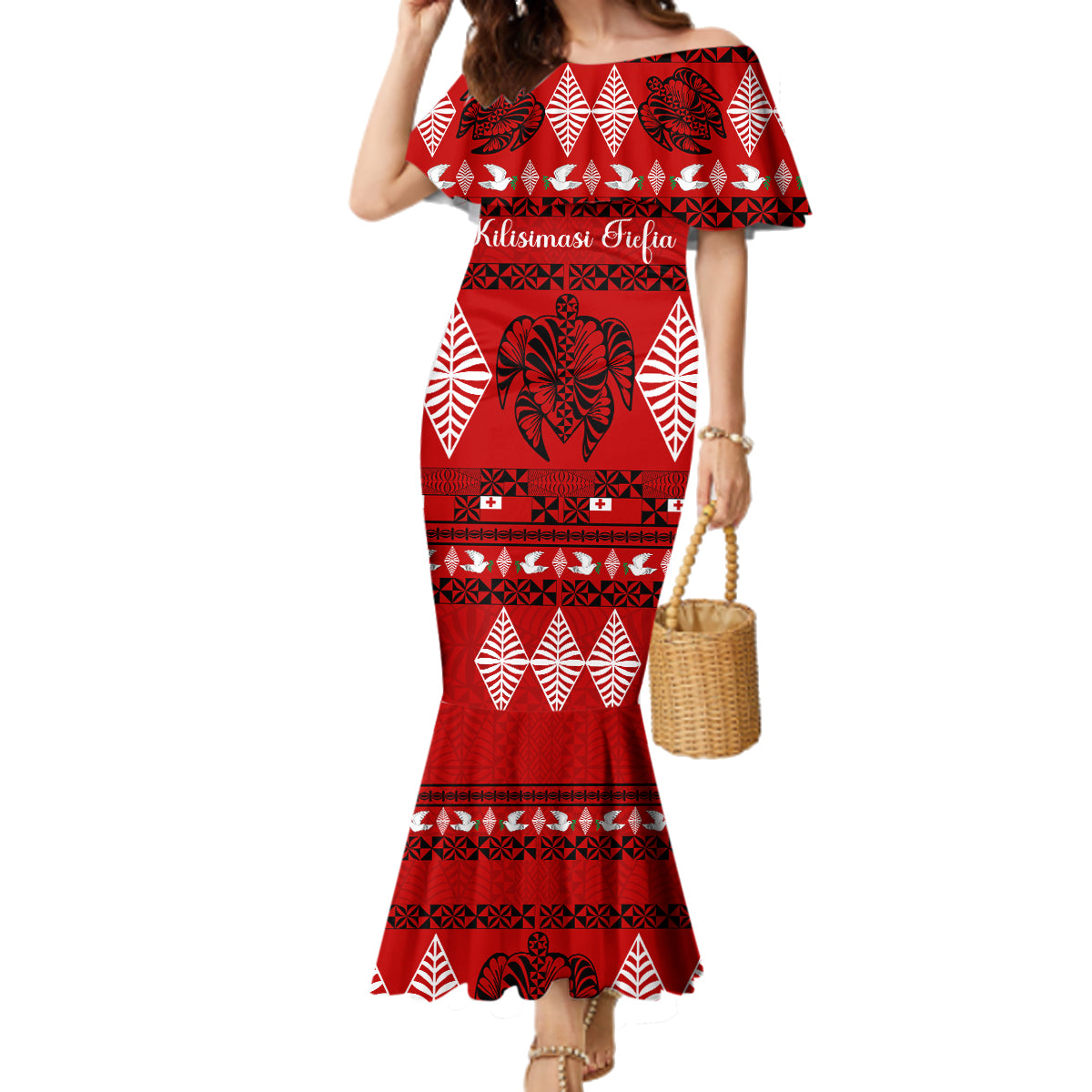 Personalised Tonga Kilisimasi Fiefia Family Matching Mermaid Dress and Hawaiian Shirt Merry Christmas with Turtle Ngatu Pattern LT9 - Wonder Print Shop