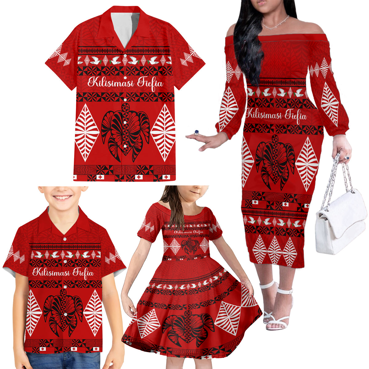 Personalised Tonga Kilisimasi Fiefia Family Matching Off Shoulder Long Sleeve Dress and Hawaiian Shirt Merry Christmas with Turtle Ngatu Pattern - Wonder Print Shop
