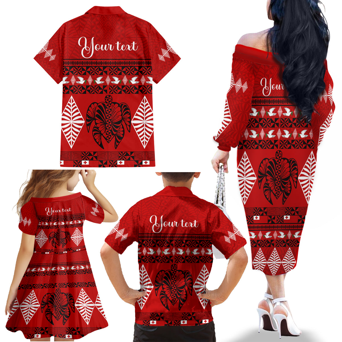 Personalised Tonga Kilisimasi Fiefia Family Matching Off Shoulder Long Sleeve Dress and Hawaiian Shirt Merry Christmas with Turtle Ngatu Pattern - Wonder Print Shop