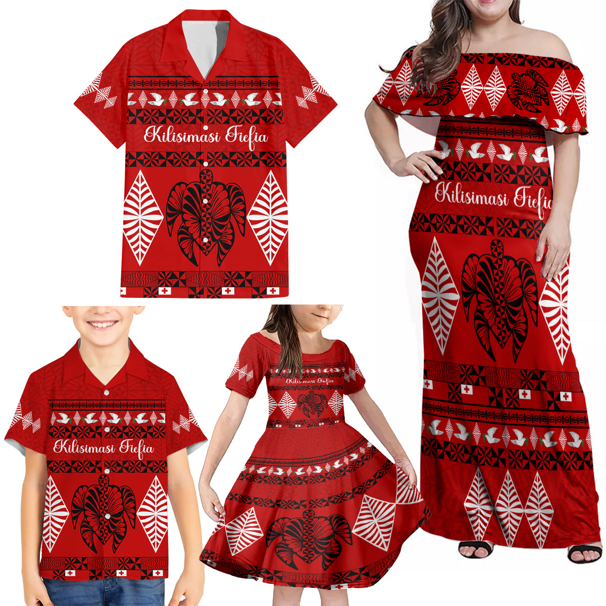 Personalised Tonga Kilisimasi Fiefia Family Matching Off Shoulder Maxi Dress and Hawaiian Shirt Merry Christmas with Turtle Ngatu Pattern LT9 - Wonder Print Shop