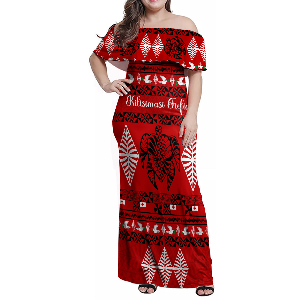 Personalised Tonga Kilisimasi Fiefia Family Matching Off Shoulder Maxi Dress and Hawaiian Shirt Merry Christmas with Turtle Ngatu Pattern LT9 - Wonder Print Shop