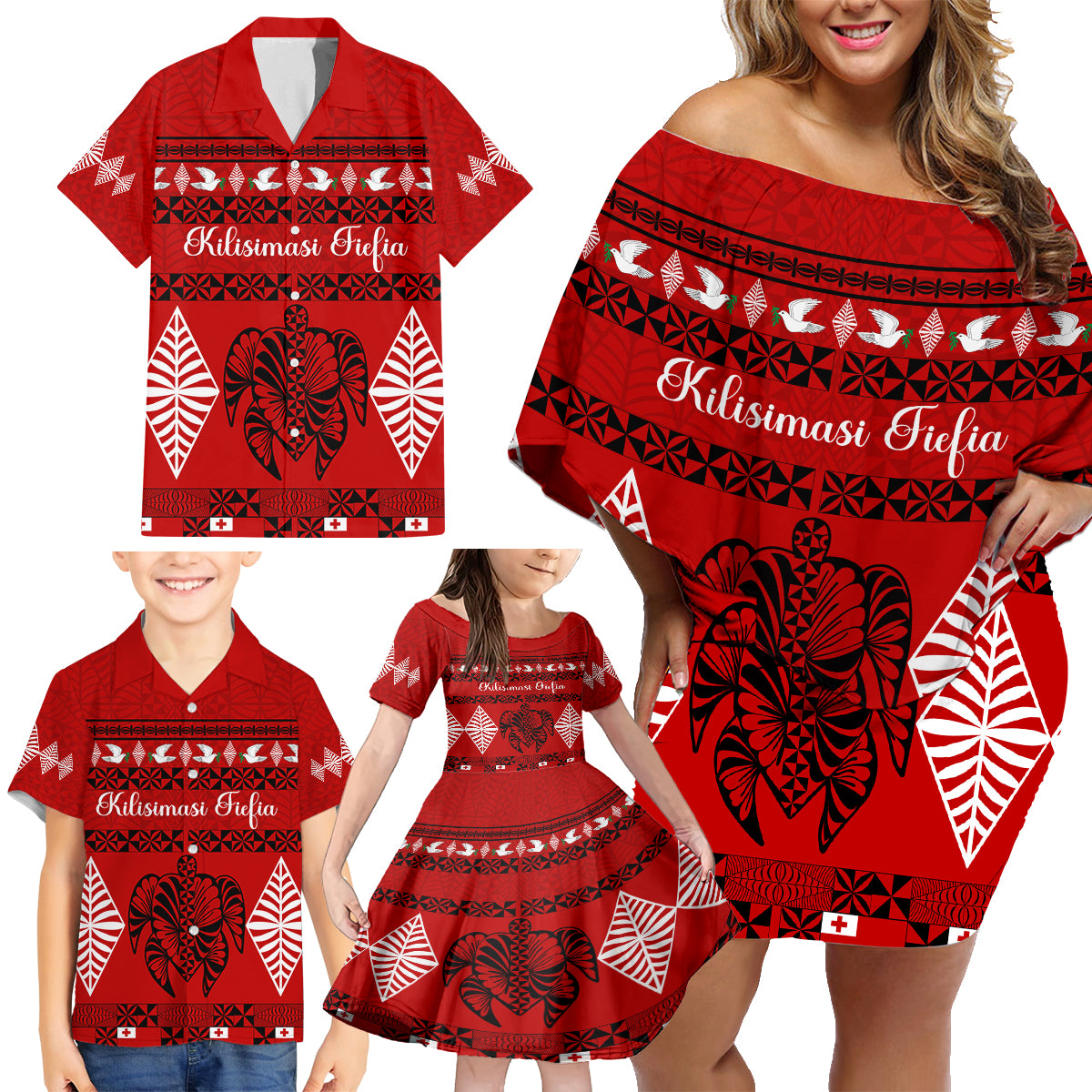 Personalised Tonga Kilisimasi Fiefia Family Matching Off Shoulder Short Dress and Hawaiian Shirt Merry Christmas with Turtle Ngatu Pattern LT9 - Wonder Print Shop