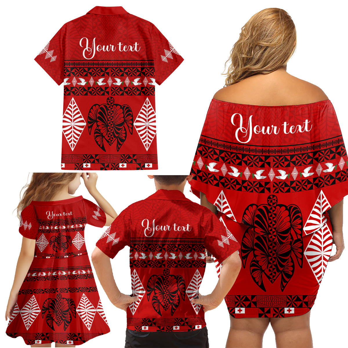 Personalised Tonga Kilisimasi Fiefia Family Matching Off Shoulder Short Dress and Hawaiian Shirt Merry Christmas with Turtle Ngatu Pattern LT9 - Wonder Print Shop