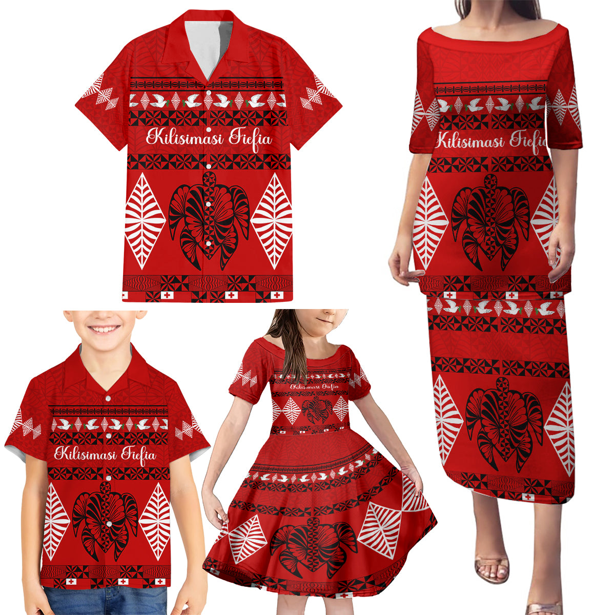 Personalised Tonga Kilisimasi Fiefia Family Matching Puletasi Dress and Hawaiian Shirt Merry Christmas with Turtle Ngatu Pattern - Wonder Print Shop