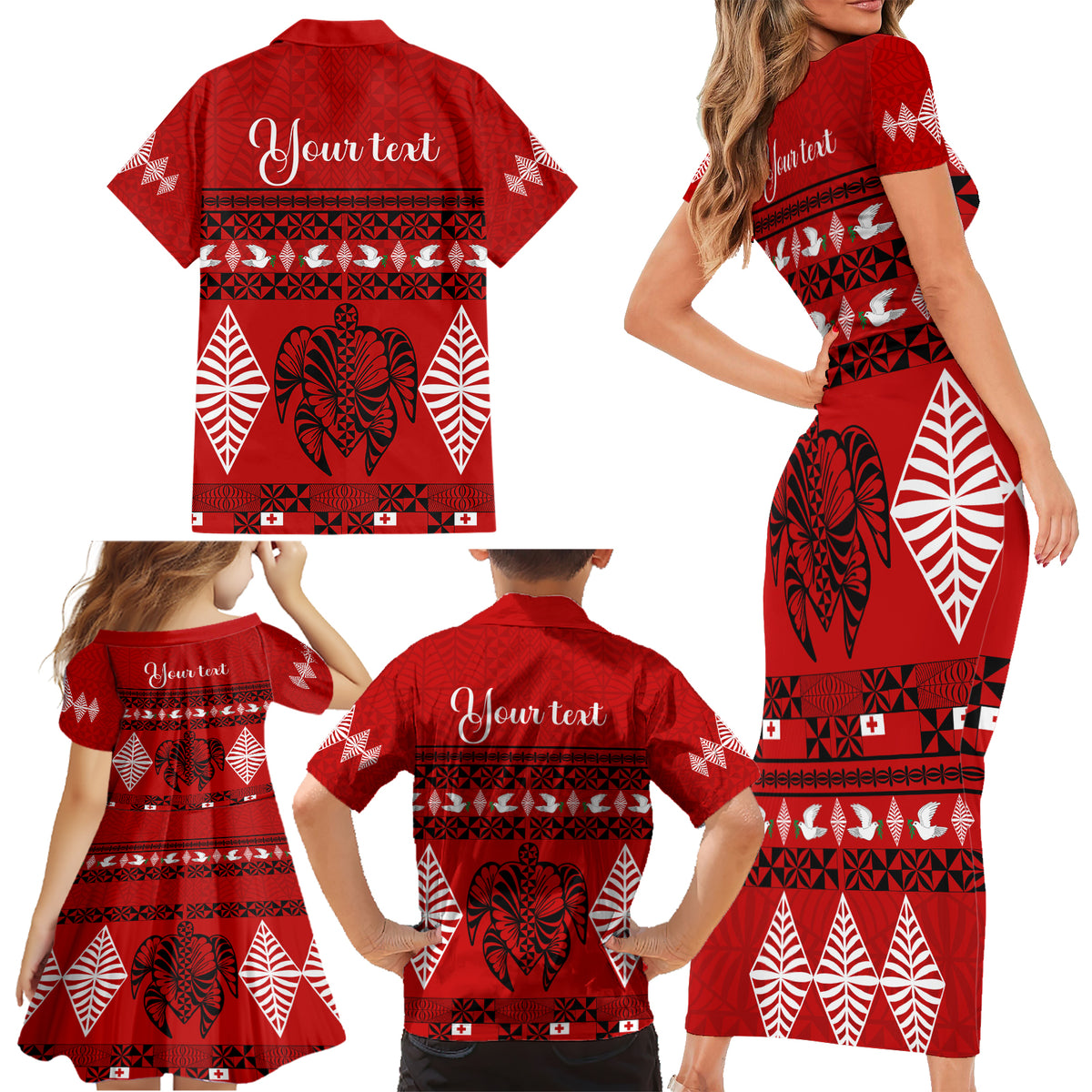 Personalised Tonga Kilisimasi Fiefia Family Matching Short Sleeve Bodycon Dress and Hawaiian Shirt Merry Christmas with Turtle Ngatu Pattern - Wonder Print Shop