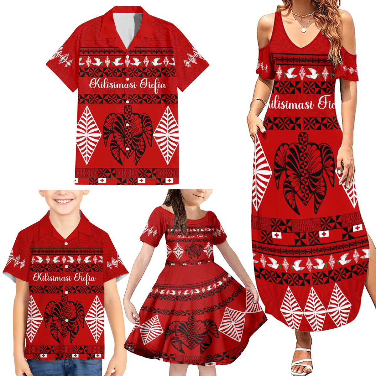 Personalised Tonga Kilisimasi Fiefia Family Matching Summer Maxi Dress and Hawaiian Shirt Merry Christmas with Turtle Ngatu Pattern - Wonder Print Shop