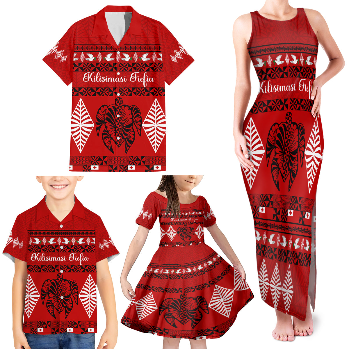 Personalised Tonga Kilisimasi Fiefia Family Matching Tank Maxi Dress and Hawaiian Shirt Merry Christmas with Turtle Ngatu Pattern - Wonder Print Shop