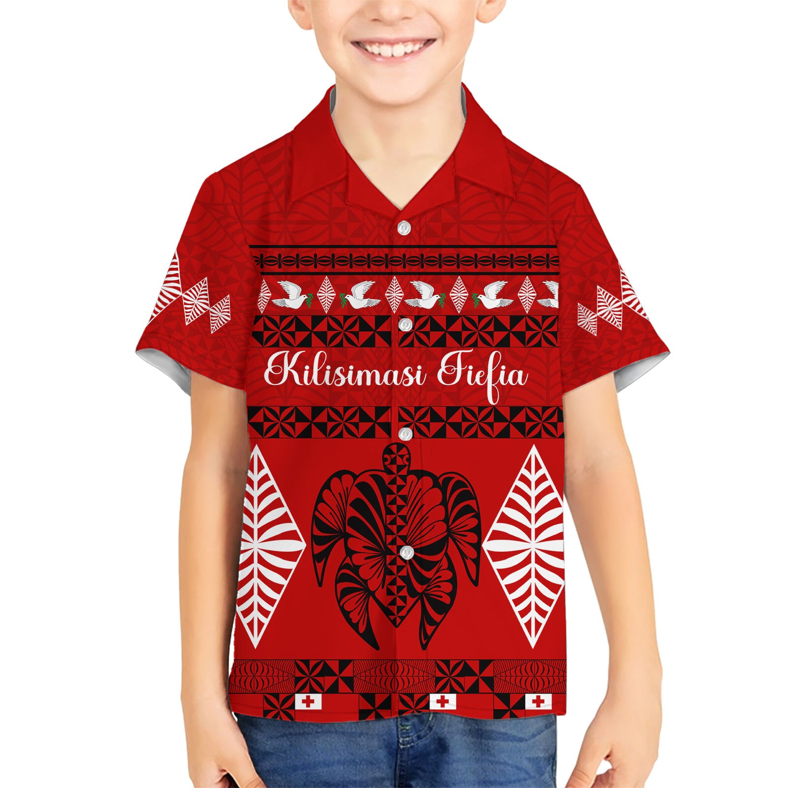 Personalised Tonga Kilisimasi Fiefia Kid Hawaiian Shirt Merry Christmas with Turtle Ngatu Pattern - Wonder Print Shop