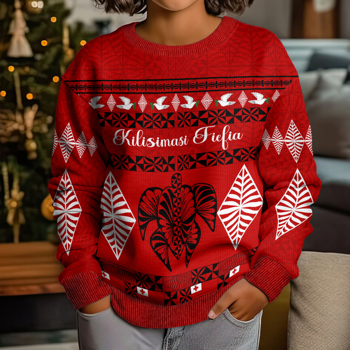 Personalised Tonga Kilisimasi Fiefia Kid Ugly Christmas Sweater Merry Christmas with Turtle Ngatu Pattern - Wonder Print Shop