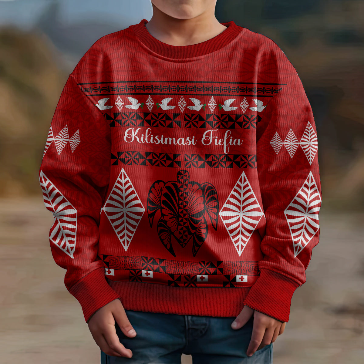 Personalised Tonga Kilisimasi Fiefia Kid Ugly Christmas Sweater Merry Christmas with Turtle Ngatu Pattern - Wonder Print Shop