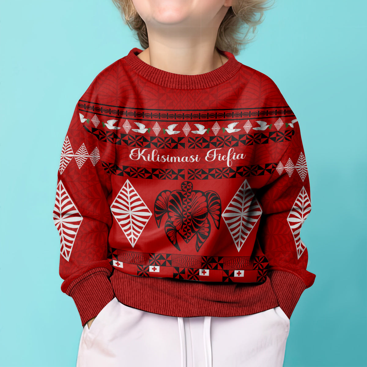 Personalised Tonga Kilisimasi Fiefia Kid Ugly Christmas Sweater Merry Christmas with Turtle Ngatu Pattern - Wonder Print Shop