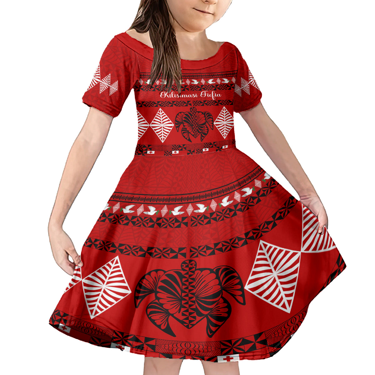 Personalised Tonga Kilisimasi Fiefia Kid Short Sleeve Dress Merry Christmas with Turtle Ngatu Pattern - Wonder Print Shop