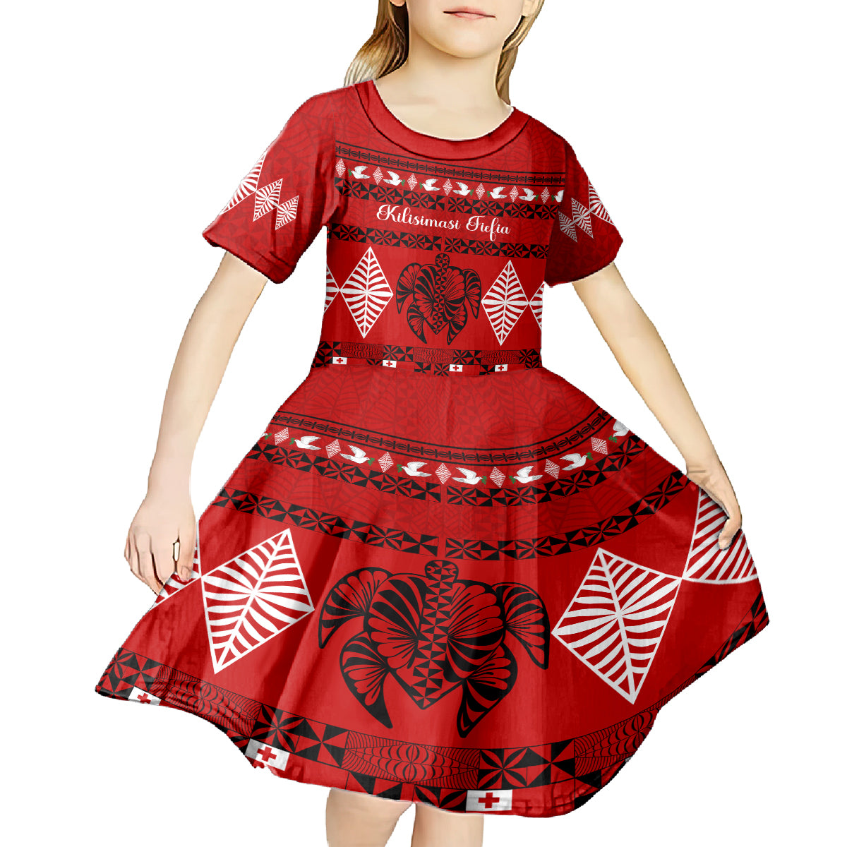 Personalised Tonga Kilisimasi Fiefia Kid Short Sleeve Dress Merry Christmas with Turtle Ngatu Pattern - Wonder Print Shop