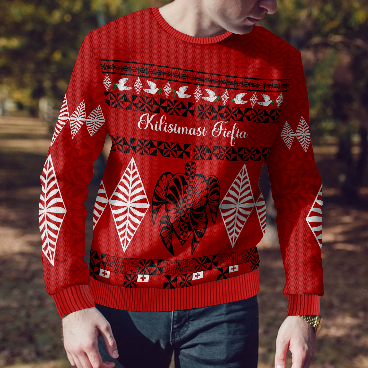 Personalised Tonga Kilisimasi Fiefia Ugly Christmas Sweater Merry Christmas with Turtle Ngatu Pattern - Wonder Print Shop