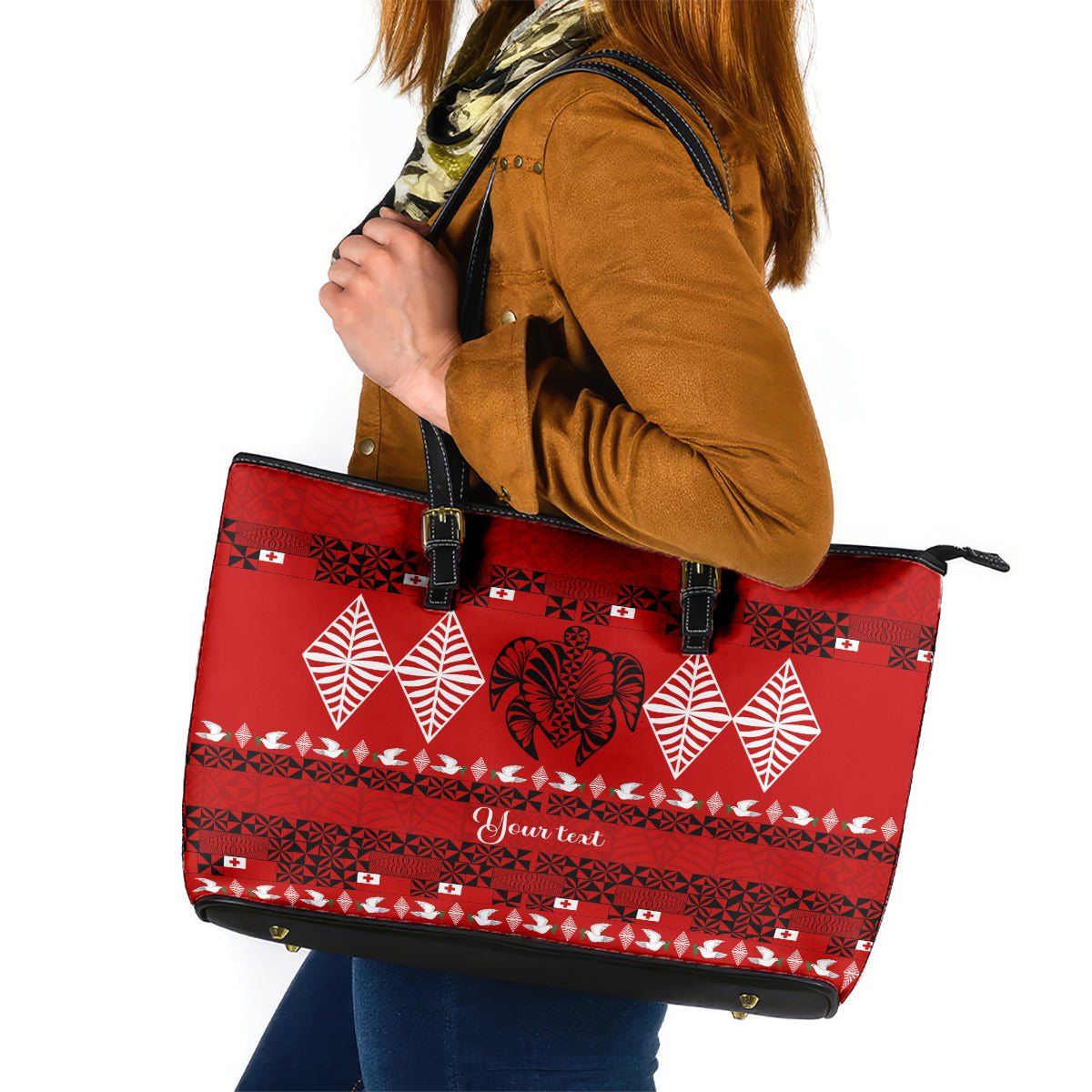 Personalised Tonga Kilisimasi Fiefia Leather Tote Bag Merry Christmas with Turtle Ngatu Pattern - Wonder Print Shop