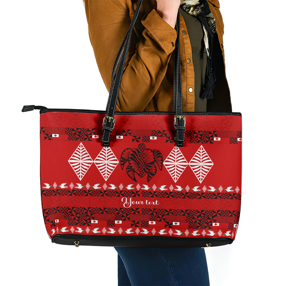 Personalised Tonga Kilisimasi Fiefia Leather Tote Bag Merry Christmas with Turtle Ngatu Pattern - Wonder Print Shop
