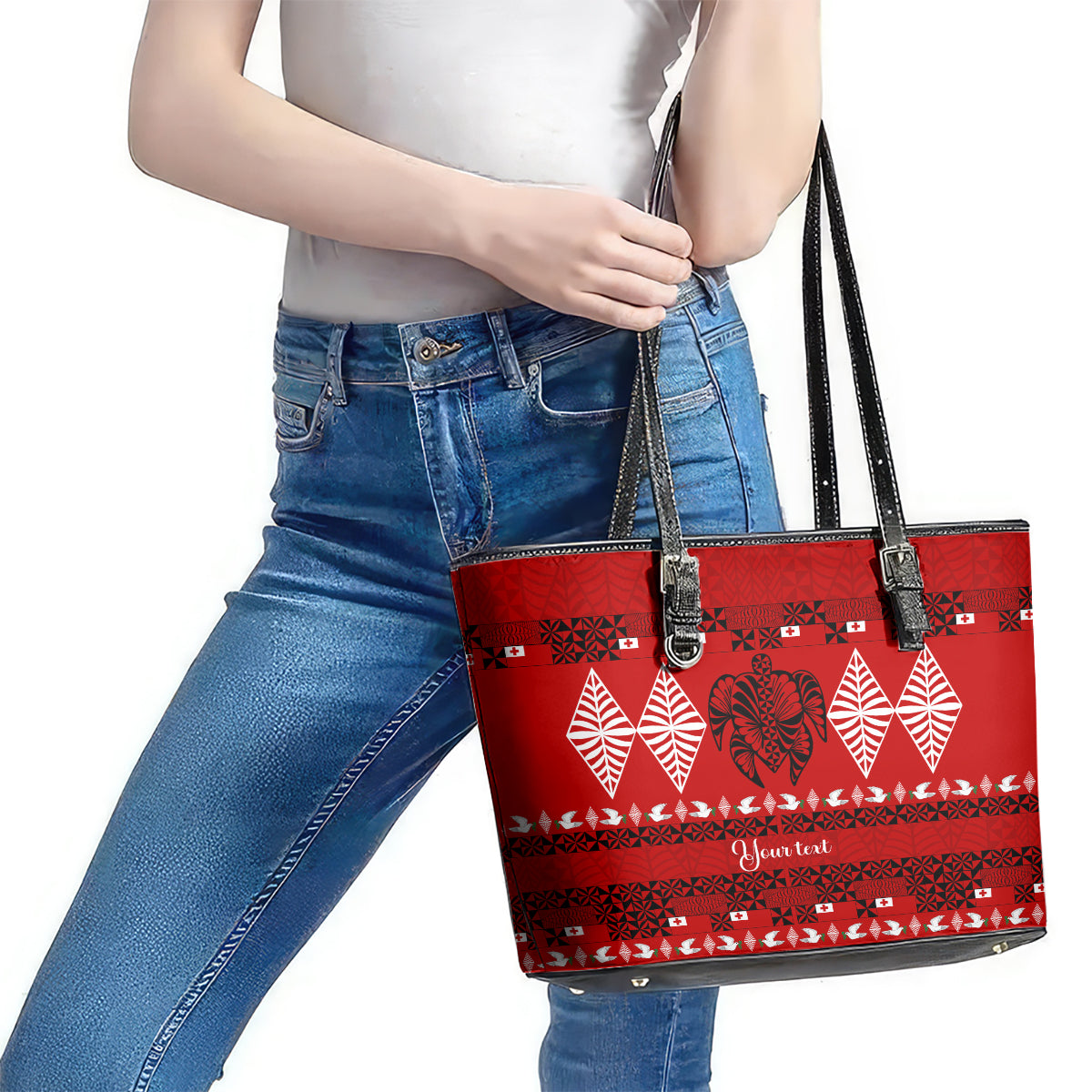 Personalised Tonga Kilisimasi Fiefia Leather Tote Bag Merry Christmas with Turtle Ngatu Pattern - Wonder Print Shop