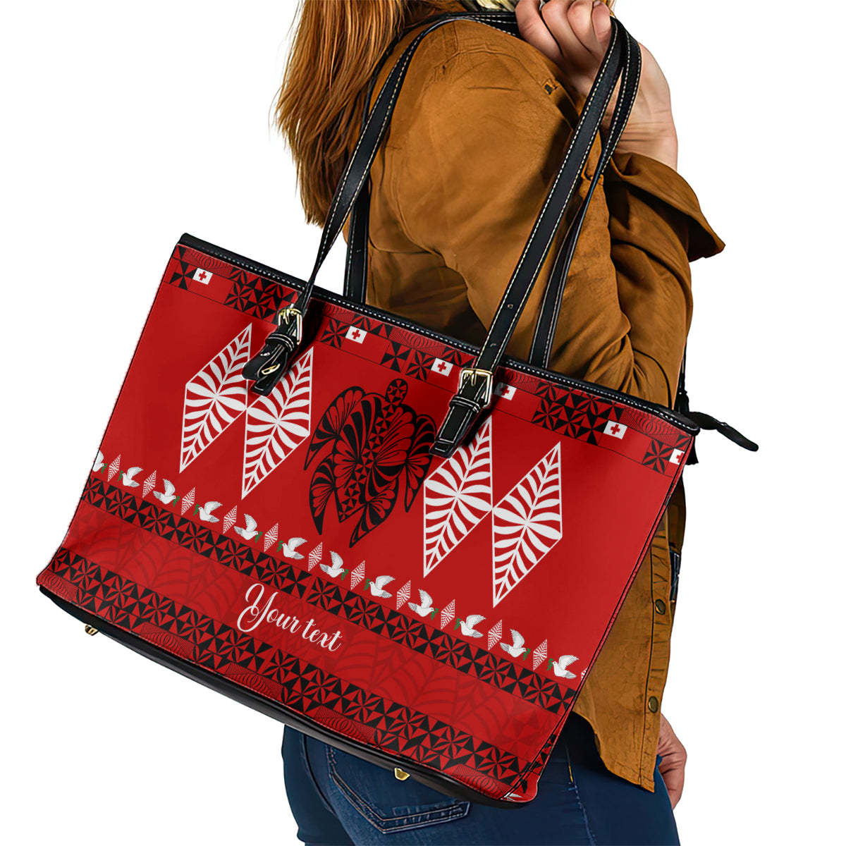 Personalised Tonga Kilisimasi Fiefia Leather Tote Bag Merry Christmas with Turtle Ngatu Pattern - Wonder Print Shop