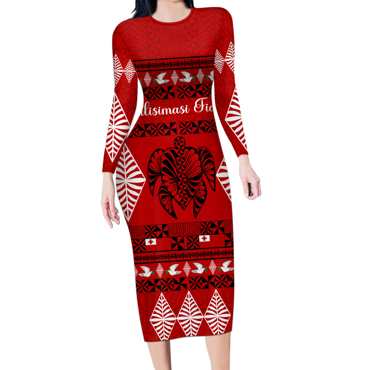 Personalised Tonga Kilisimasi Fiefia Long Sleeve Bodycon Dress Merry Christmas with Turtle Ngatu Pattern - Wonder Print Shop