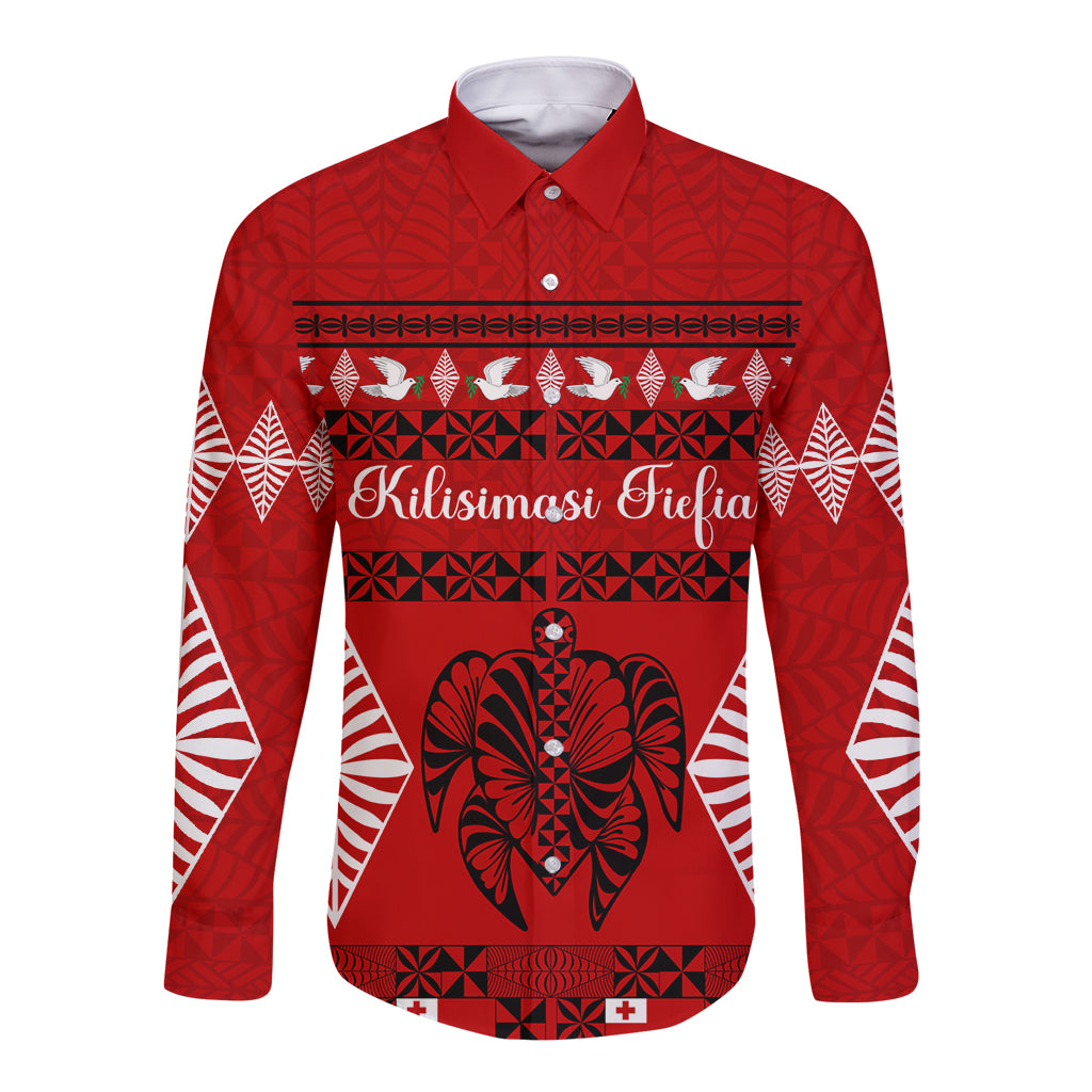 Personalised Tonga Kilisimasi Fiefia Long Sleeve Button Shirt Merry Christmas with Turtle Ngatu Pattern - Wonder Print Shop
