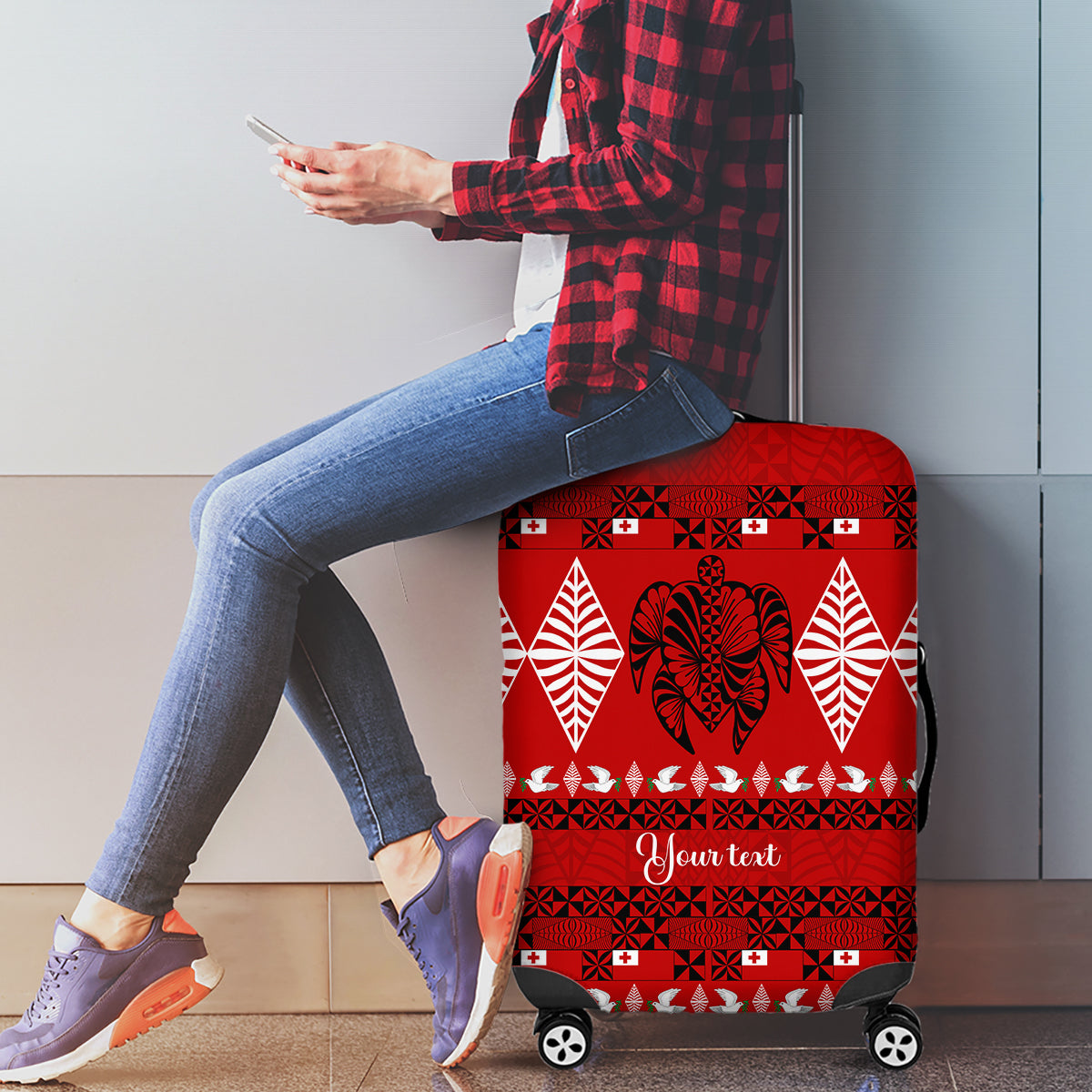 Personalised Tonga Kilisimasi Fiefia Luggage Cover Merry Christmas with Turtle Ngatu Pattern - Wonder Print Shop
