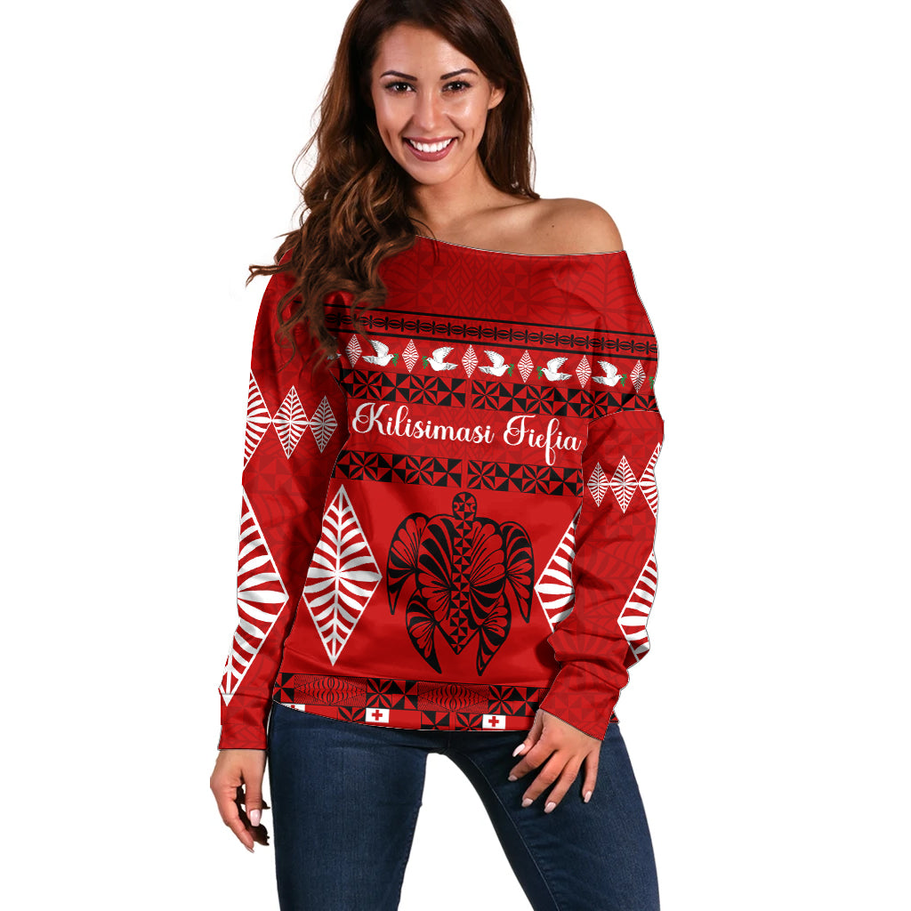 Personalised Tonga Kilisimasi Fiefia Off Shoulder Sweater Merry Christmas with Turtle Ngatu Pattern - Wonder Print Shop
