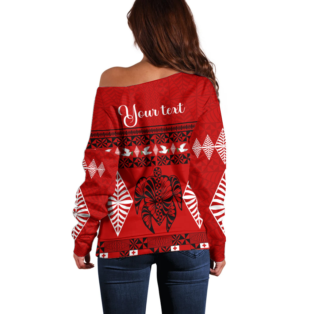 Personalised Tonga Kilisimasi Fiefia Off Shoulder Sweater Merry Christmas with Turtle Ngatu Pattern - Wonder Print Shop