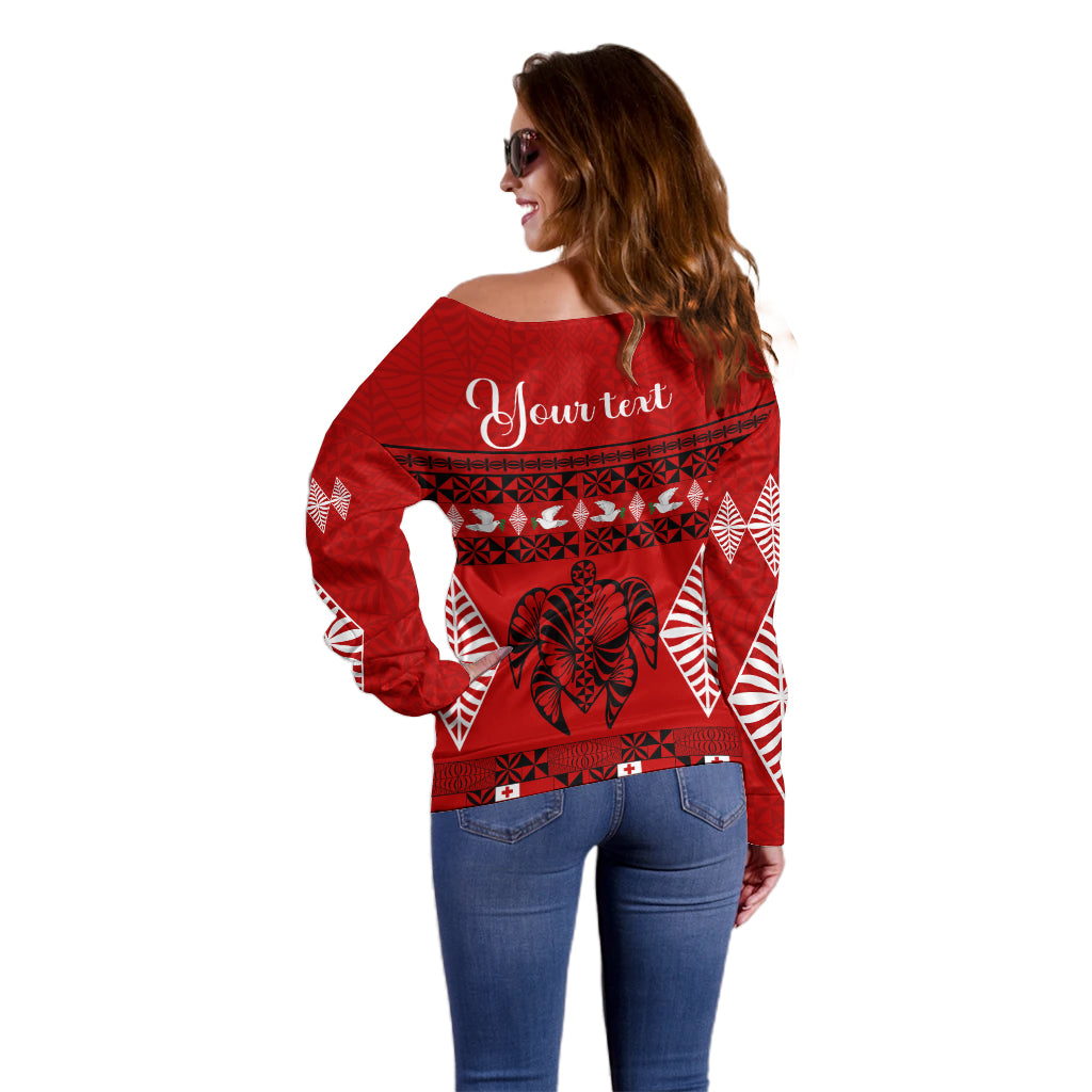 Personalised Tonga Kilisimasi Fiefia Off Shoulder Sweater Merry Christmas with Turtle Ngatu Pattern - Wonder Print Shop