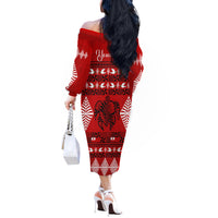 Personalised Tonga Kilisimasi Fiefia Off The Shoulder Long Sleeve Dress Merry Christmas with Turtle Ngatu Pattern - Wonder Print Shop