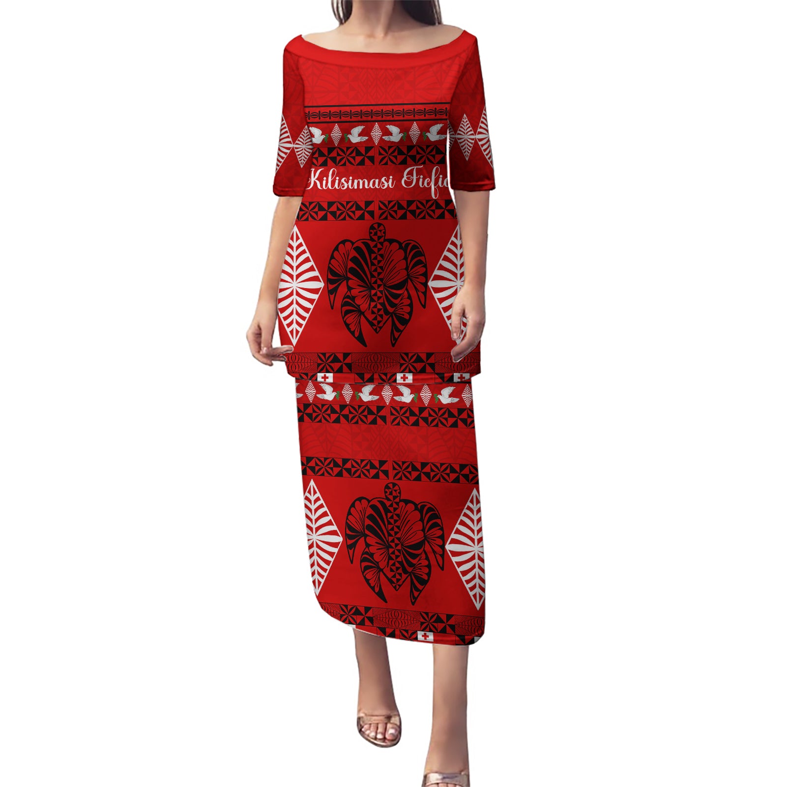 Personalised Tonga Kilisimasi Fiefia Puletasi Merry Christmas with Turtle Ngatu Pattern - Wonder Print Shop