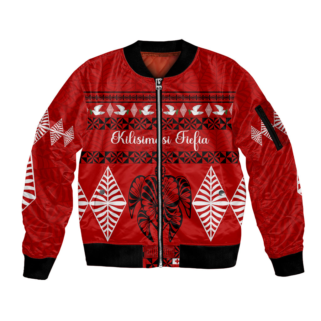 Personalised Tonga Kilisimasi Fiefia Sleeve Zip Bomber Jacket Merry Christmas with Turtle Ngatu Pattern - Wonder Print Shop