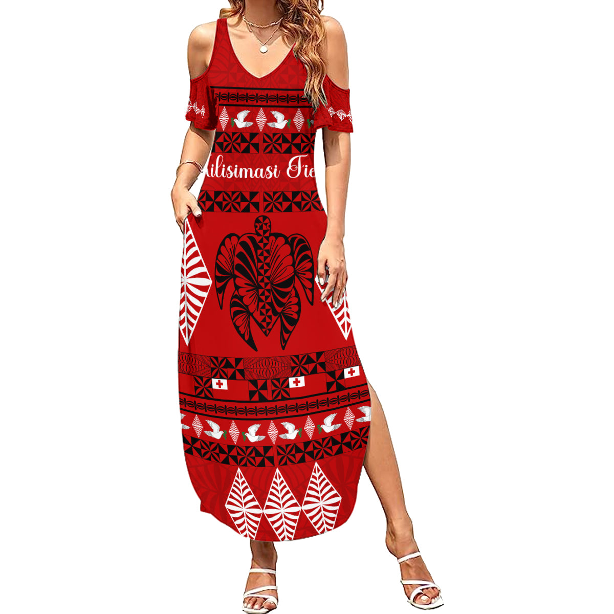 Personalised Tonga Kilisimasi Fiefia Summer Maxi Dress Merry Christmas with Turtle Ngatu Pattern - Wonder Print Shop