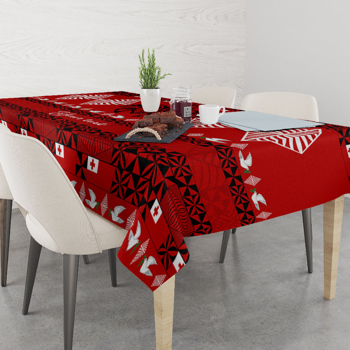 Personalised Tonga Kilisimasi Fiefia Tablecloth Merry Christmas with Turtle Ngatu Pattern - Wonder Print Shop