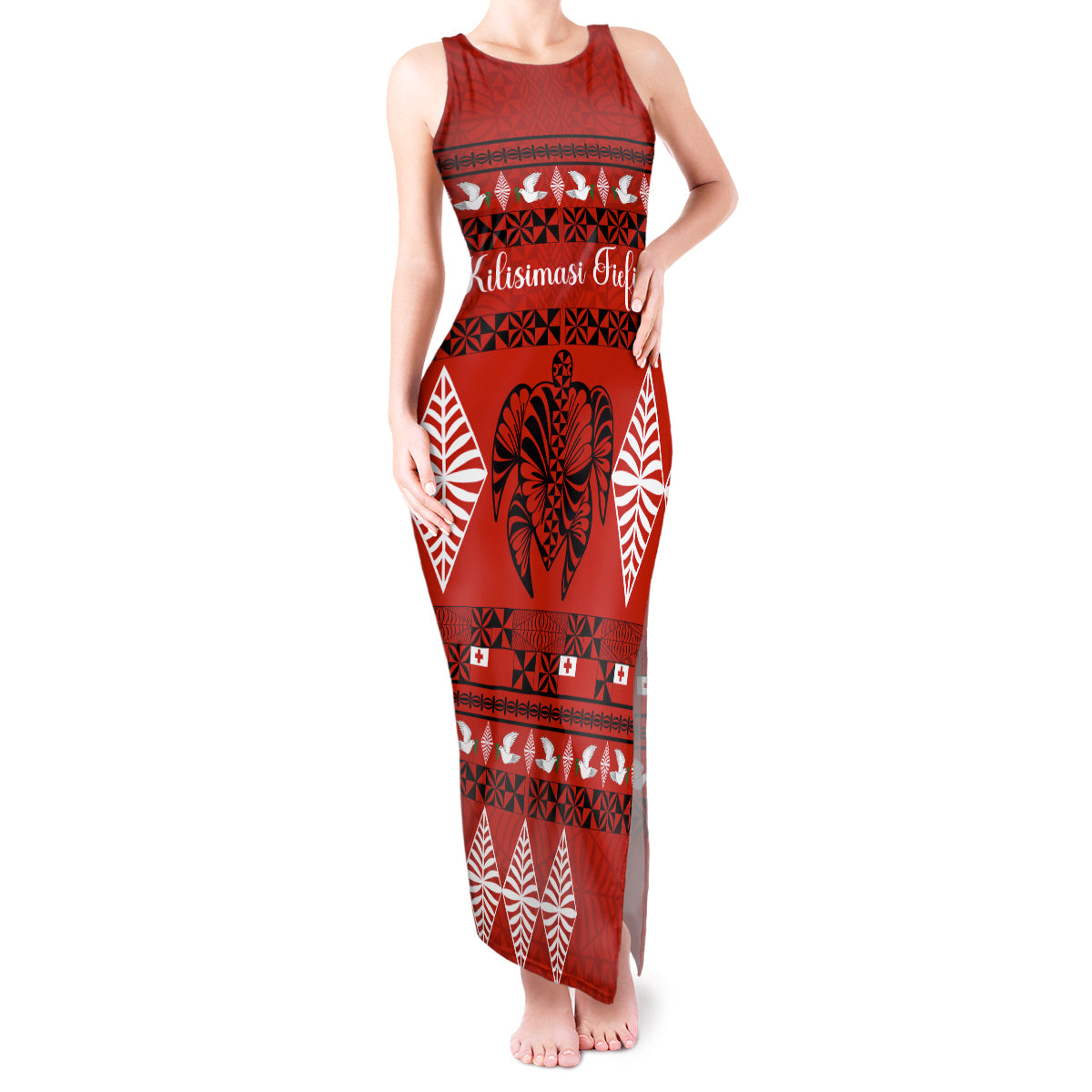 Personalised Tonga Kilisimasi Fiefia Tank Maxi Dress Merry Christmas with Turtle Ngatu Pattern - Wonder Print Shop