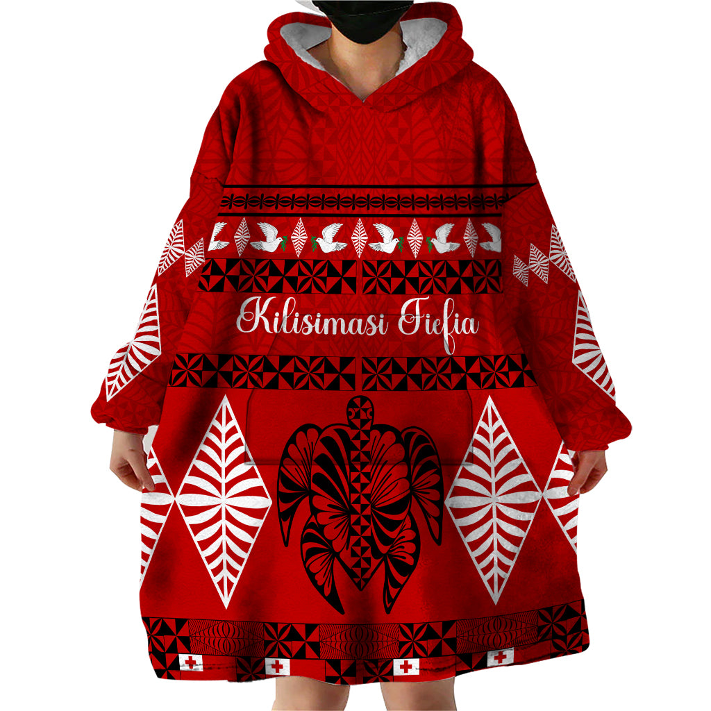 Personalised Tonga Kilisimasi Fiefia Wearable Blanket Hoodie Merry Christmas with Turtle Ngatu Pattern - Wonder Print Shop