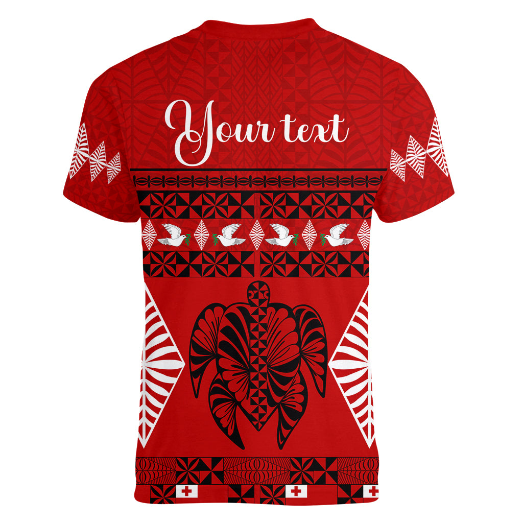 Personalised Tonga Kilisimasi Fiefia Women V Neck T Shirt Merry Christmas with Turtle Ngatu Pattern - Wonder Print Shop